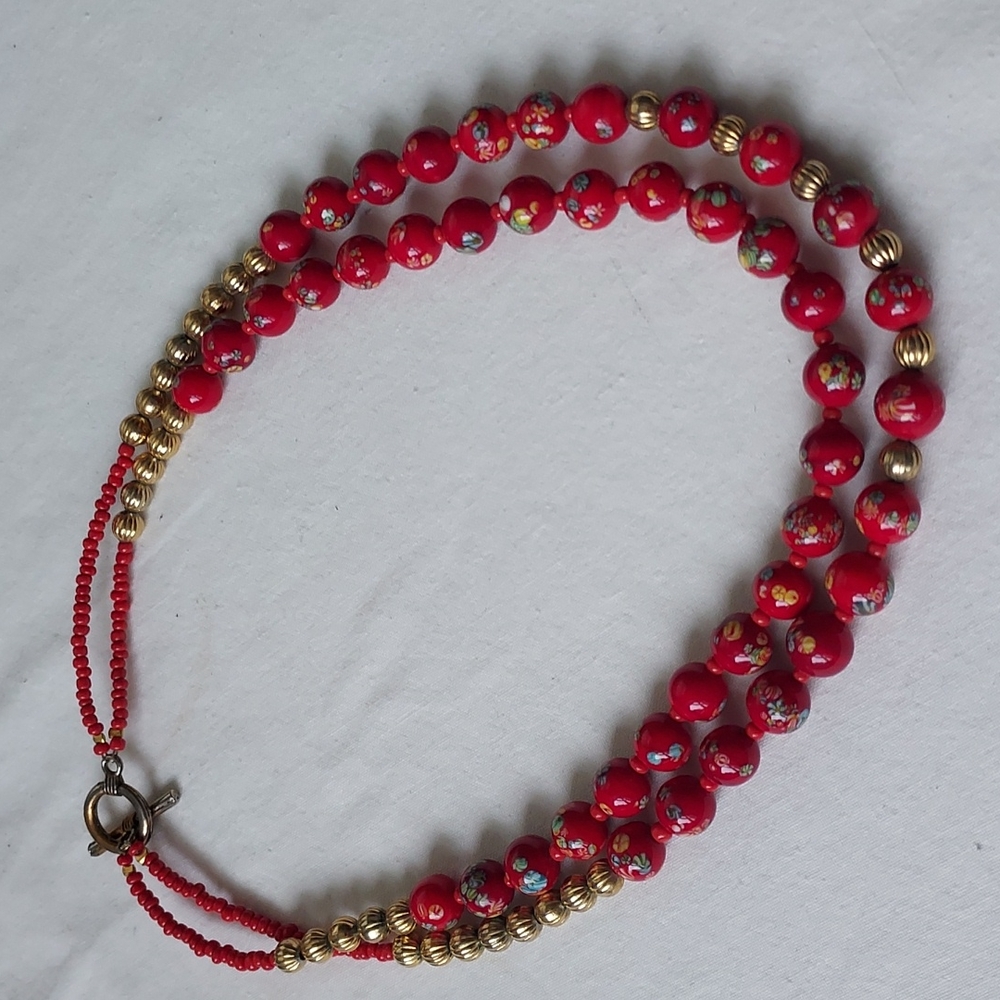 Red and gold beaded necklace glass beads yellow blue flowers 2 strands 18"